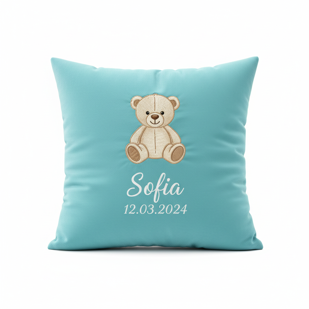 Cuscino nascita quadrato velluto Tiffany con orsetto ricamato
