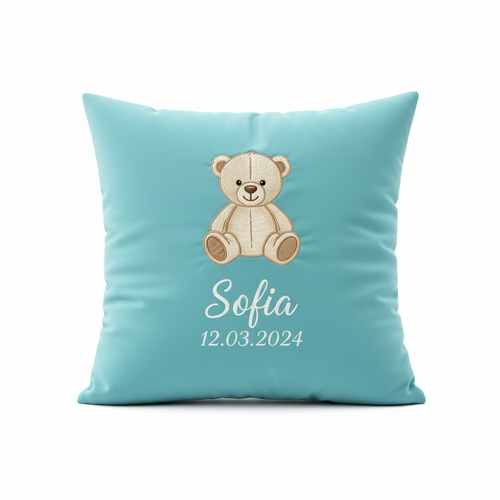 Cuscino nascita quadrato velluto Tiffany con orsetto ricamato